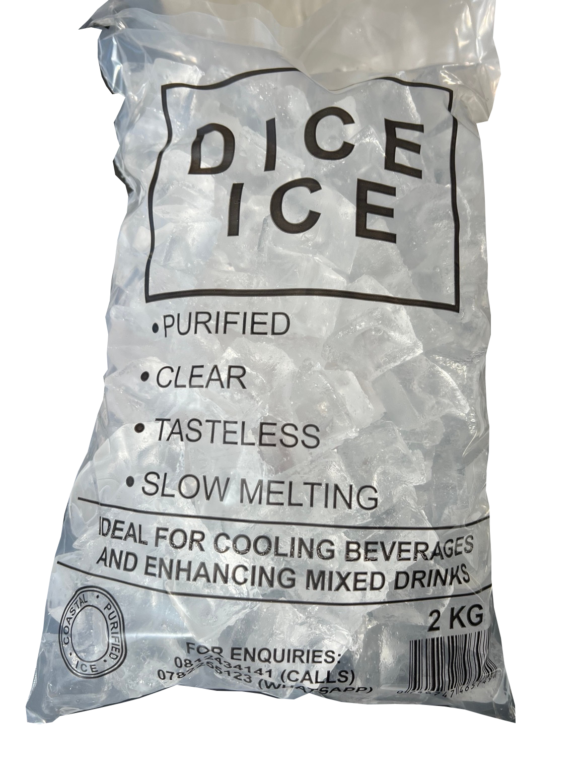 Our real 2 kg bag of Coastal purified dice ice, photographed at the workshop
